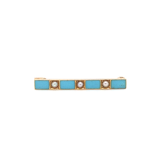 1950s Retro Turquoise and Pearl Bar Pin in 14K Gold