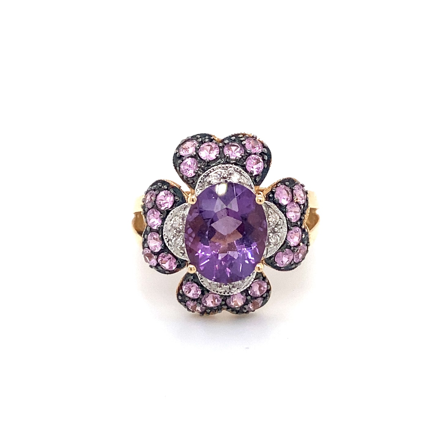 Circa 1990s Amethyst and Diamond Flower Cocktail Ring in 14K Gold
