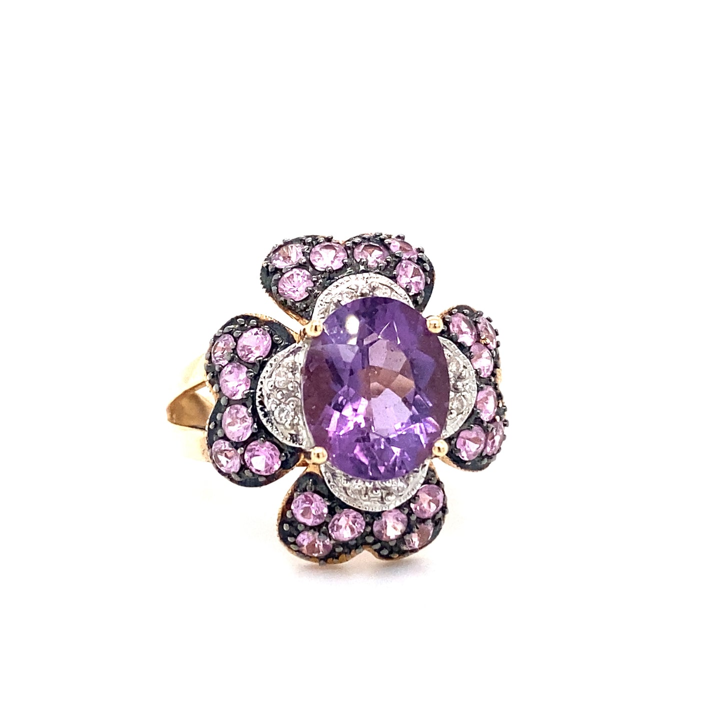 Circa 1990s Amethyst and Diamond Flower Cocktail Ring in 14K Gold