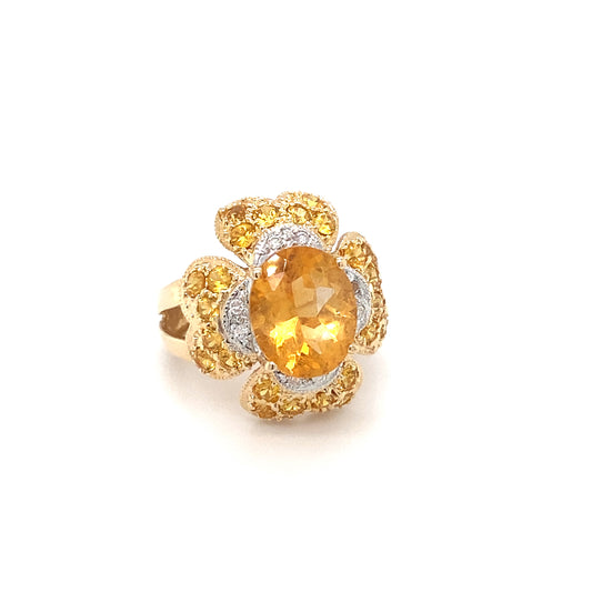 Circa 1990s Oval Citrine and Diamond Flower Cocktail Ring in 14K Gold