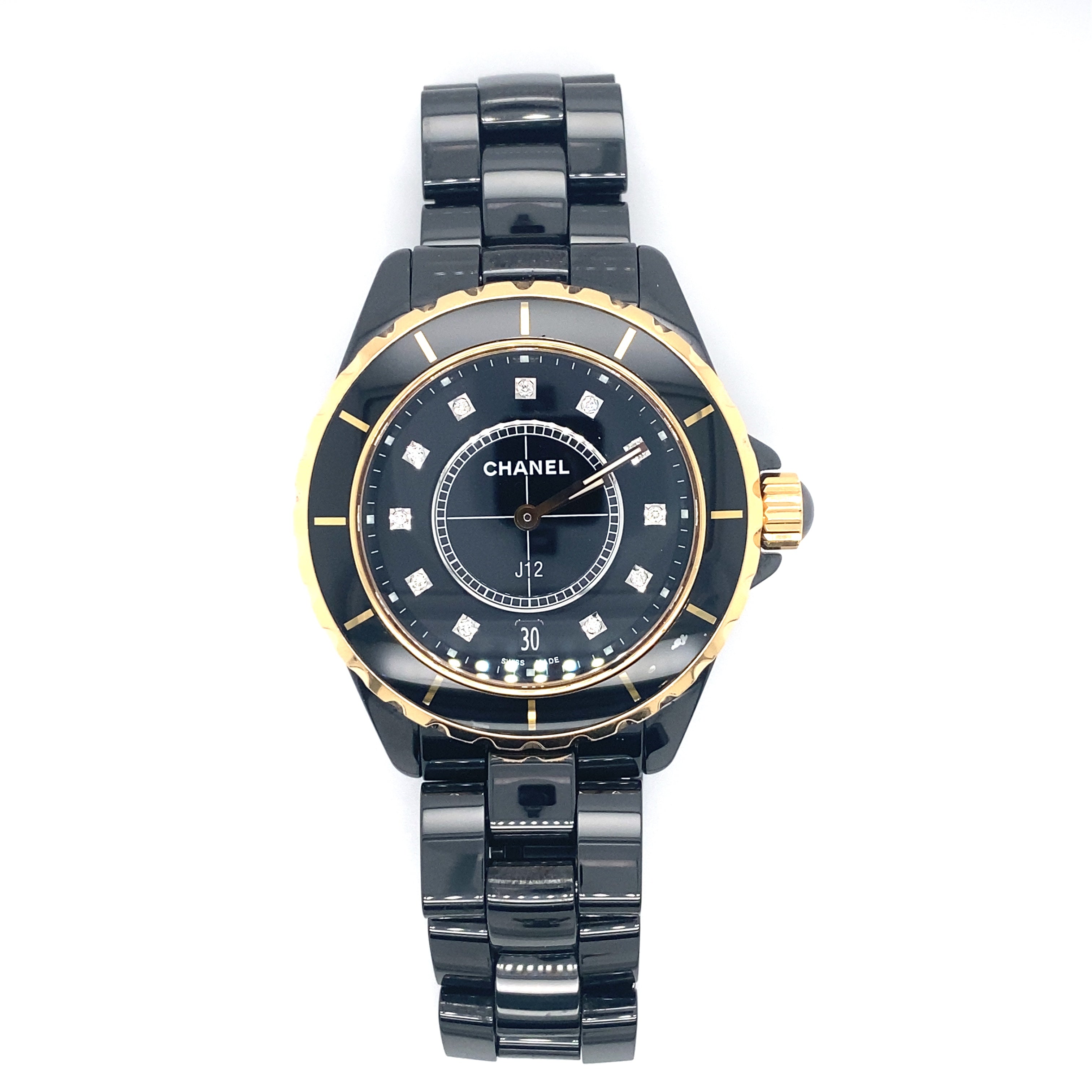 Chanel J12 36mm Wrist Watch with Diamond Indicators and 18K Gold
