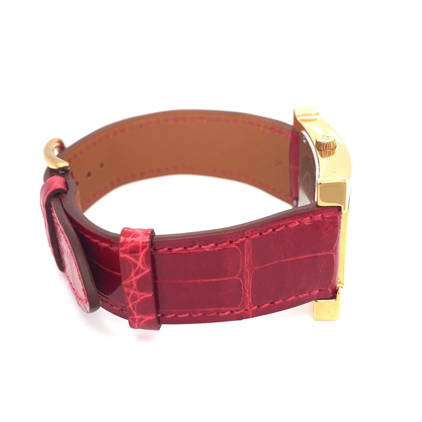 Hermès Heure Womens' Gold Tone Wrist Watch with Red Leather Band