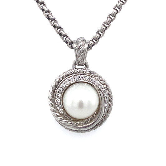 David Yurman Pearl and White Sapphire Pendant in Sterling Silver