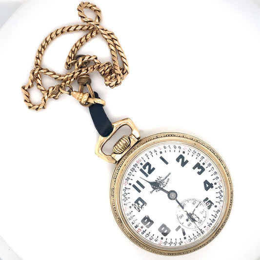 Circa 1940s Ball Railroad Chronograph Pocket Watch with Chain in 10K Gold Fill