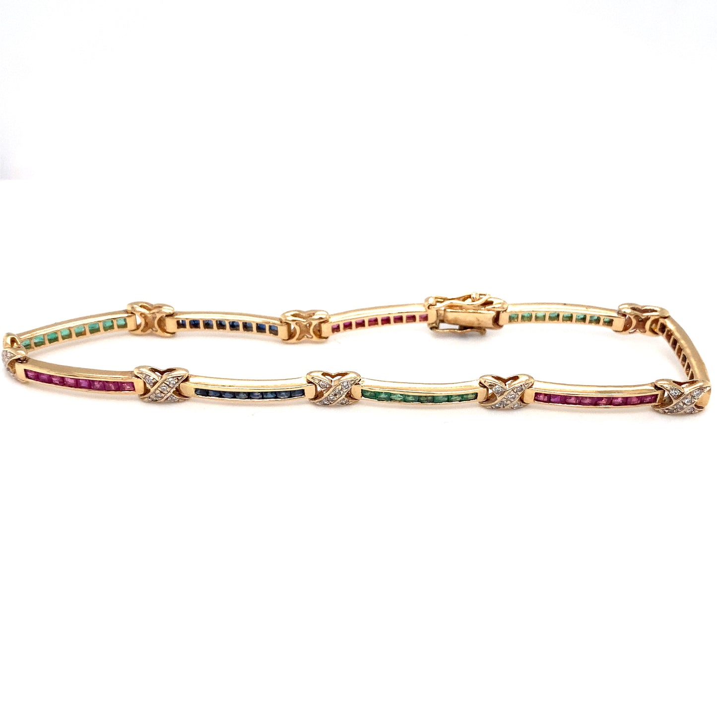 Circa 1980s Tutti Frutti Style Ruby, Emerald, Sapphire and Diamond Link Bracelet