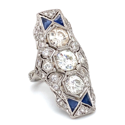 Circa 1920s Art Deco 5.5 CTW Diamond and Sapphire Elongated Ring in Platinum