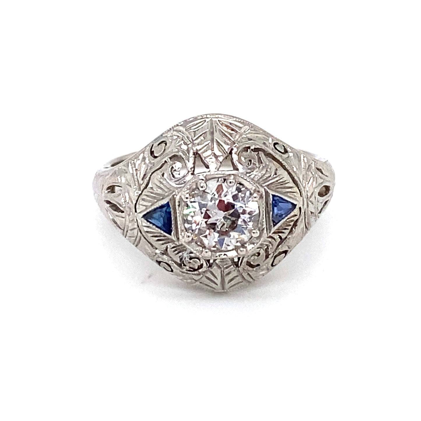 Circa 1920s Art Deco 0.65ct Diamond and Sapphire Ring in Platinum