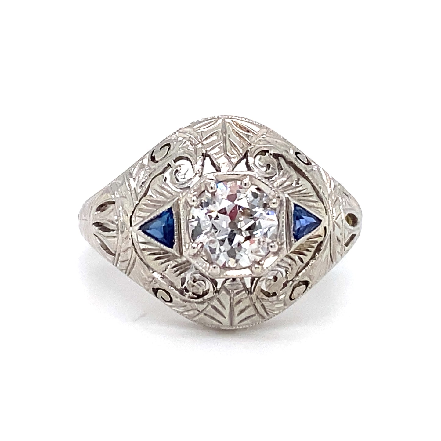 Circa 1920s Art Deco 0.65ct Diamond and Sapphire Ring in Platinum