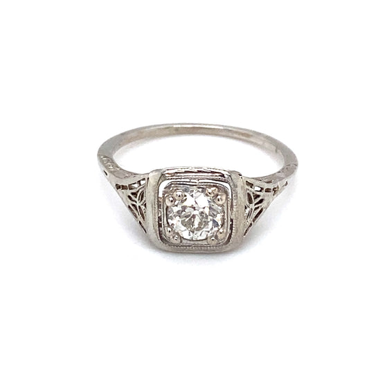 Circa 1920s Art Deco 0.35ct Diamond Filigree Ring in 18k White Gold