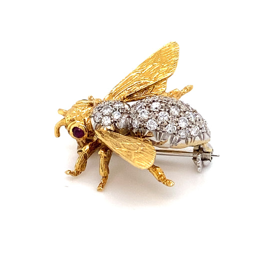 Circa 1960s Diamond and Ruby Bee Pin in 18K Gold