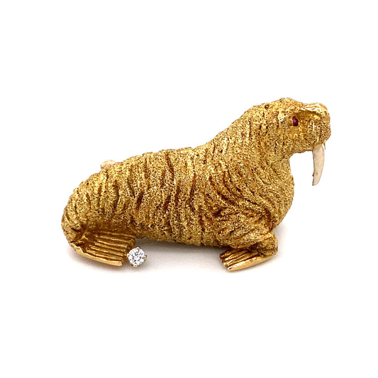 Circa 1960s Tiffany & Co. Diamond and Ruby Walrus Brooch in 18K Gold - FD#621B