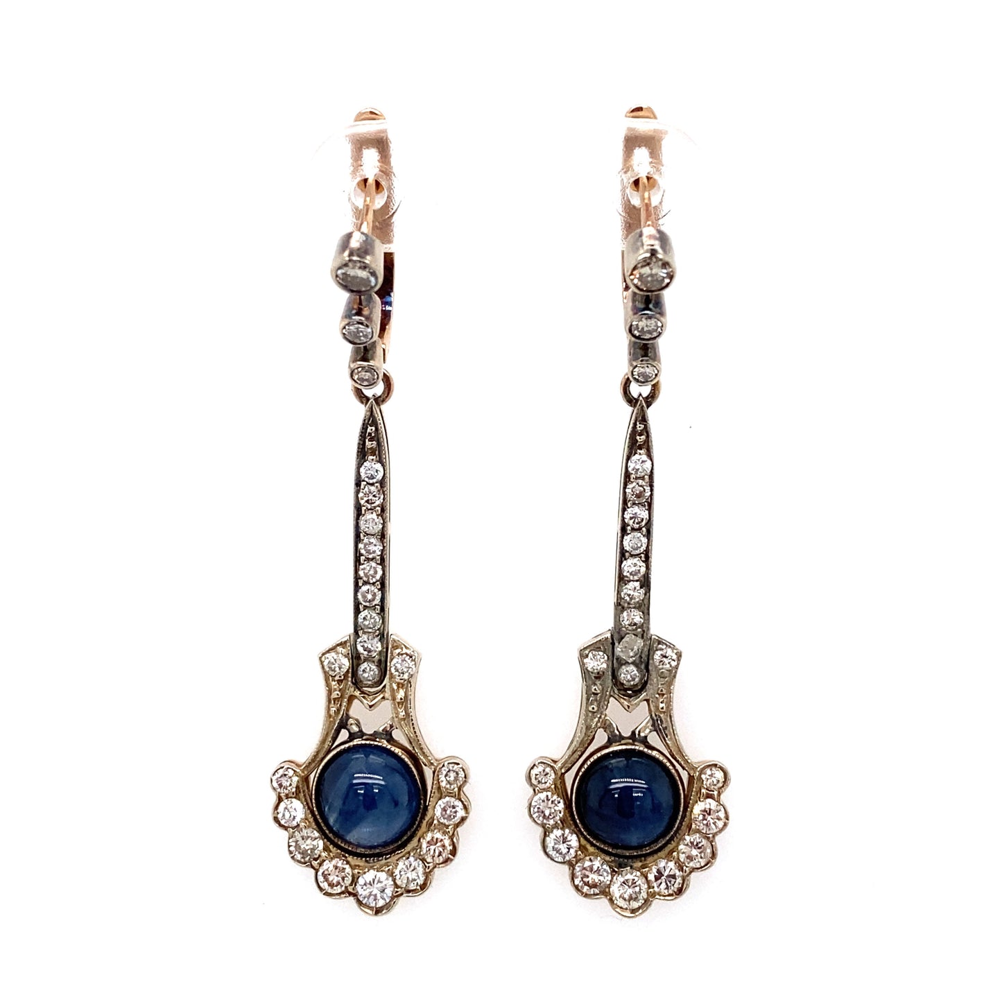 Circa 1940s Art Deco Style Cabochon Sapphire and Diamond Earrings in 14K White Gold, Made in Ukraine
