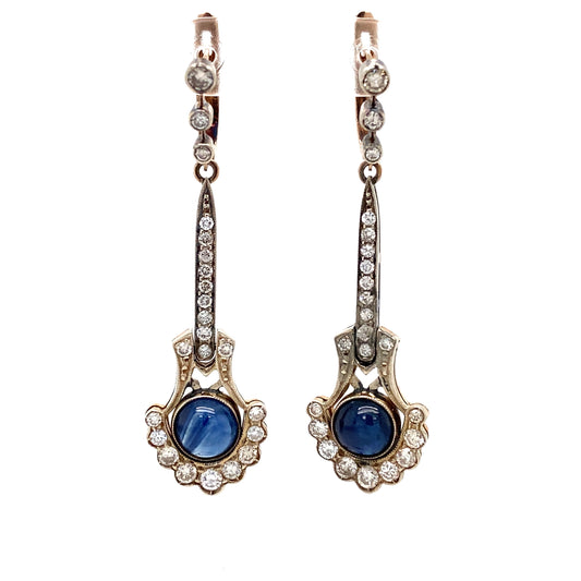 Circa 1940s Art Deco Style Cabochon Sapphire and Diamond Earrings in 14K White Gold, Made in Ukraine
