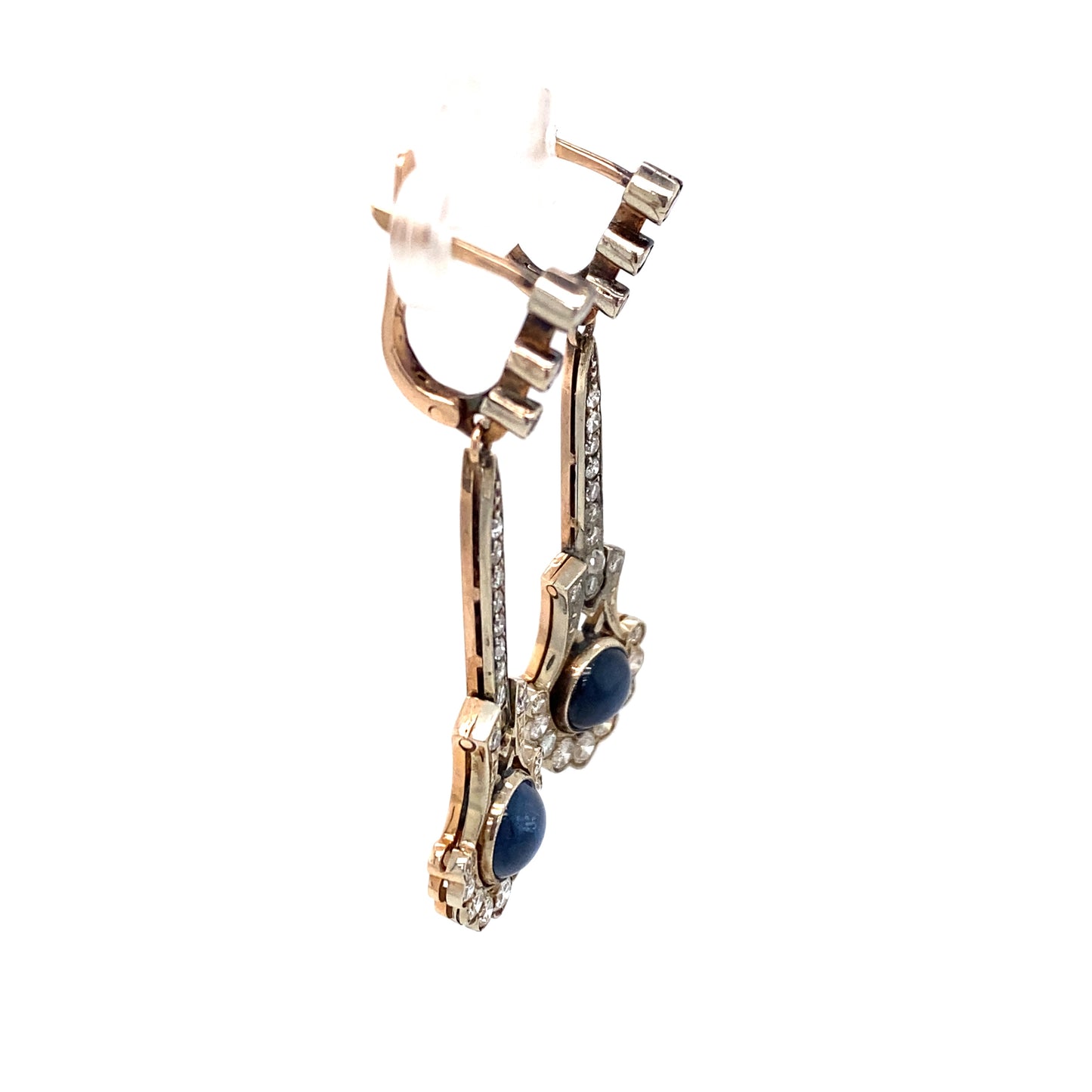 Circa 1940s Art Deco Style Cabochon Sapphire and Diamond Earrings in 14K White Gold, Made in Ukraine