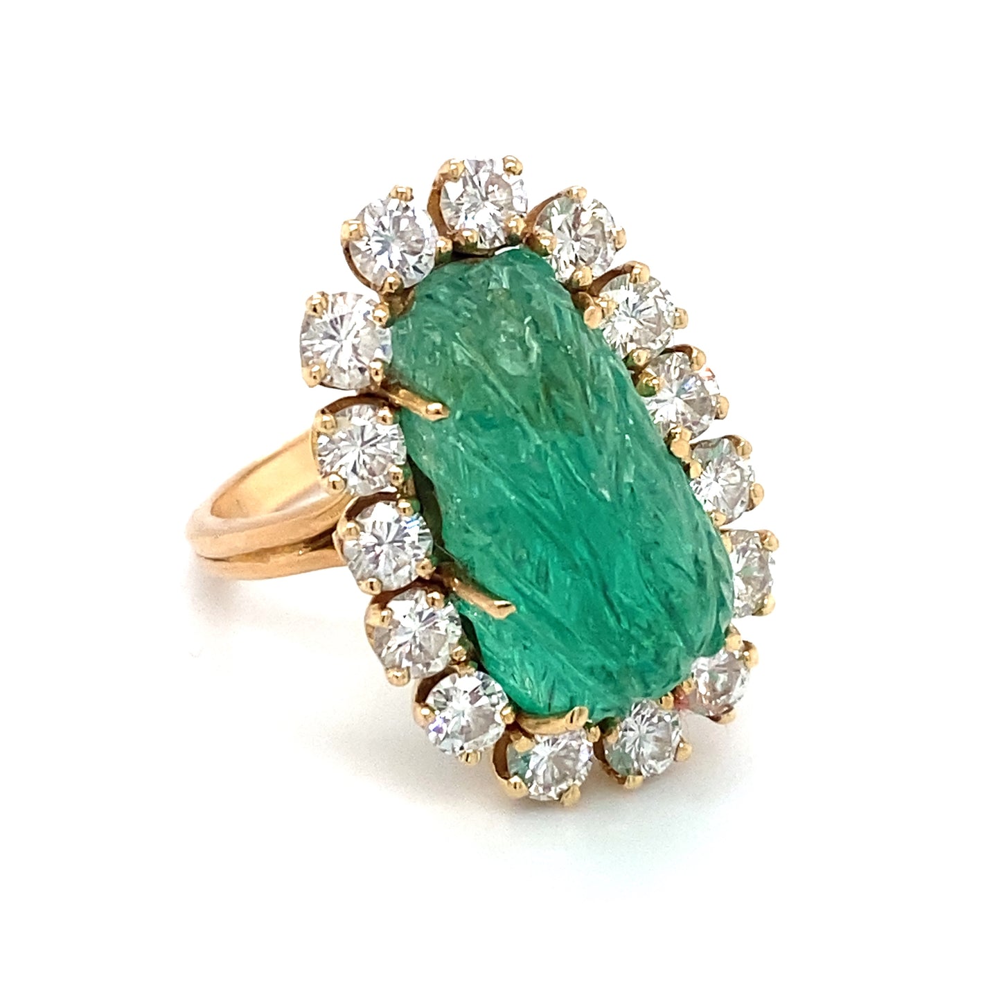 Circa 1960s Carved Emerald and Diamond Ring in 14K Gold