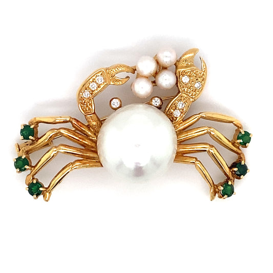 Circa 1980s South Sea Pearl and Tourmaline Crab Brooch in 18K Gold
