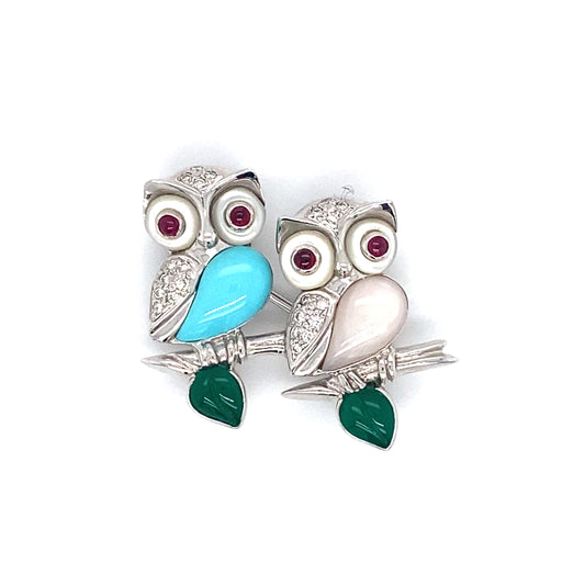 Circa 2000s Multi Gemstone Owl Brooch in 18K White Gold