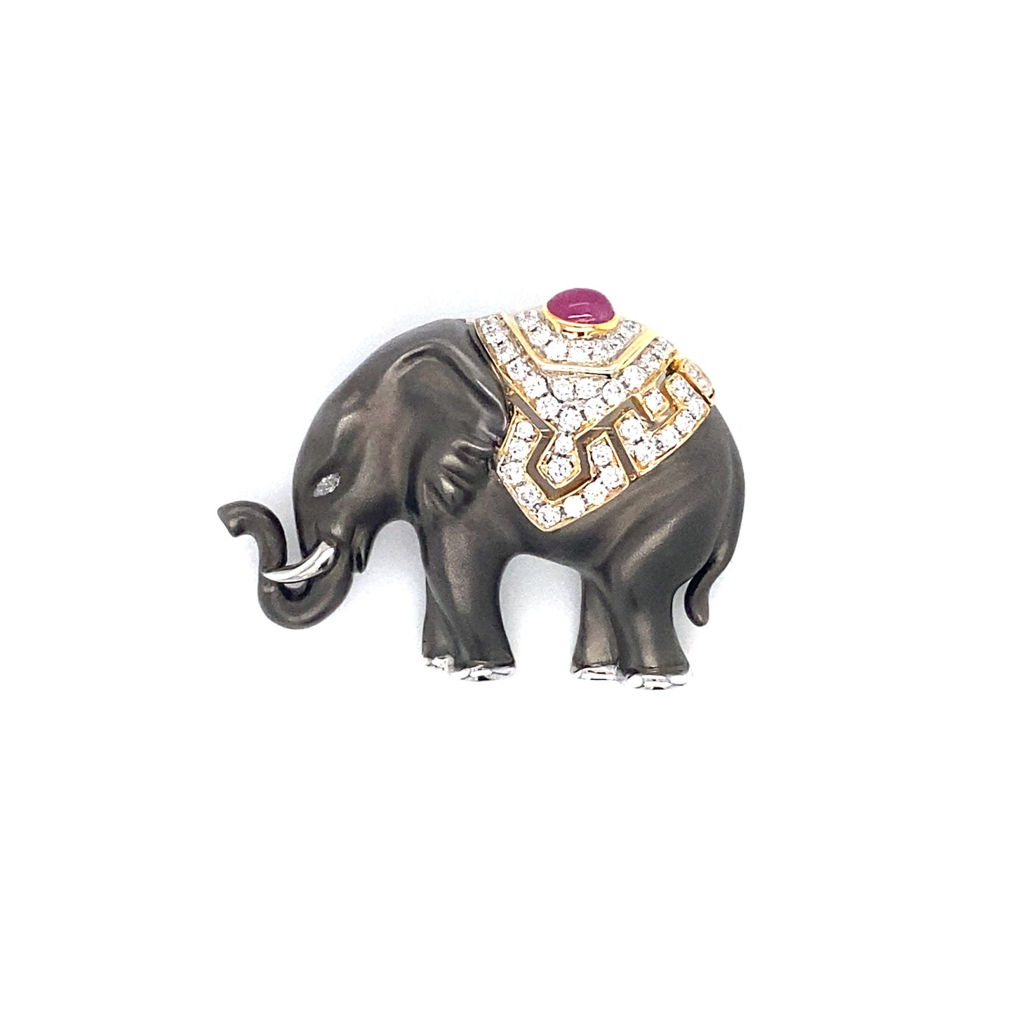 Circa 2000s Ruby and Diamond Elephant Brooch in 18K White Gold