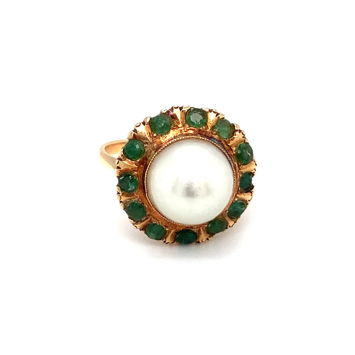 Circa 1890s Victorian Pearl and Emerald Cocktail Ring in 18K Gold