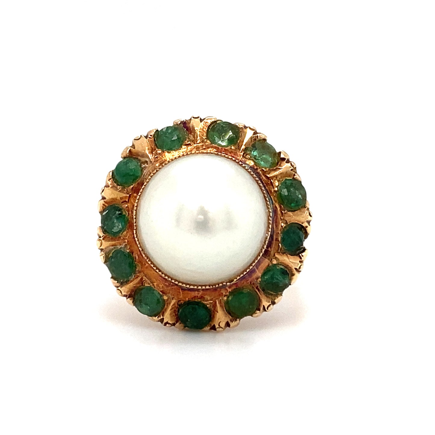 Circa 1890s Victorian Pearl and Emerald Cocktail Ring in 18K Gold