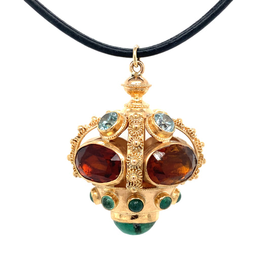 Circa 1980s Multi Gemstone Drop Pendant on Leather Cord in 14K Gold