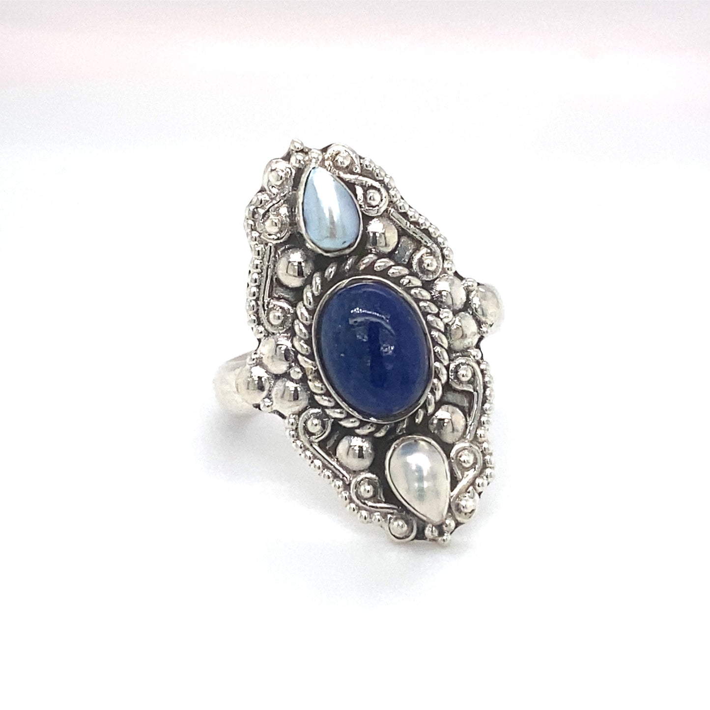 Circa 1990s Lapis Lazuli and Baroque Pearl Ring in Sterling Silver