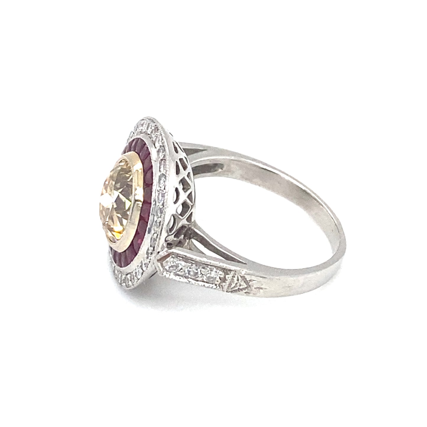 Art Deco Style GIA 2.18ct Brown Diamond and Ruby Engagement Ring in Platinum