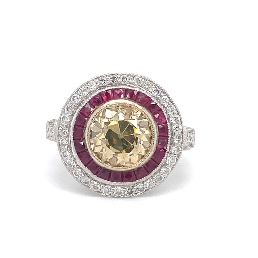 Art Deco Style GIA 2.18ct Brown Diamond and Ruby Engagement Ring in Platinum