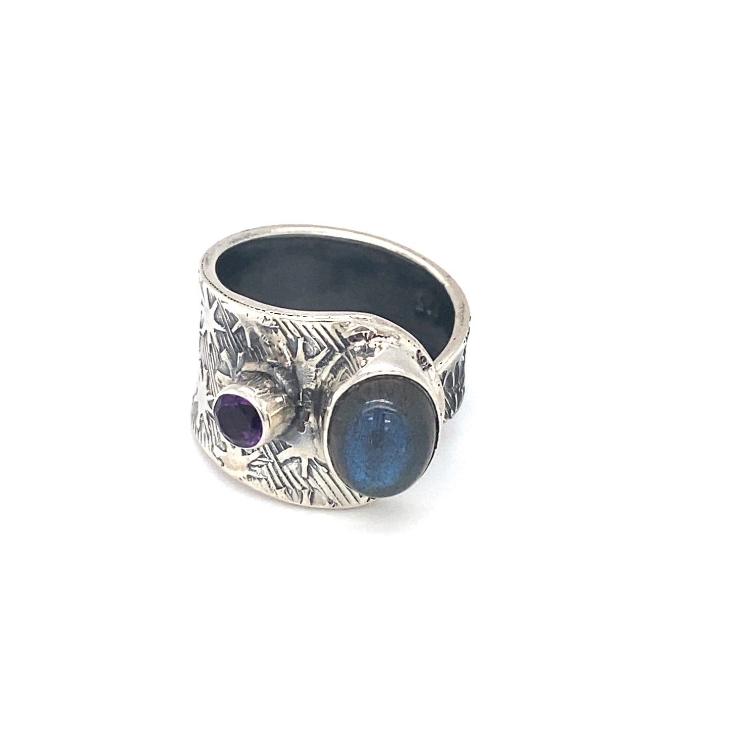 Circa 1990s Labradorite and Amethyst Adjustable Ring in Sterling Silver