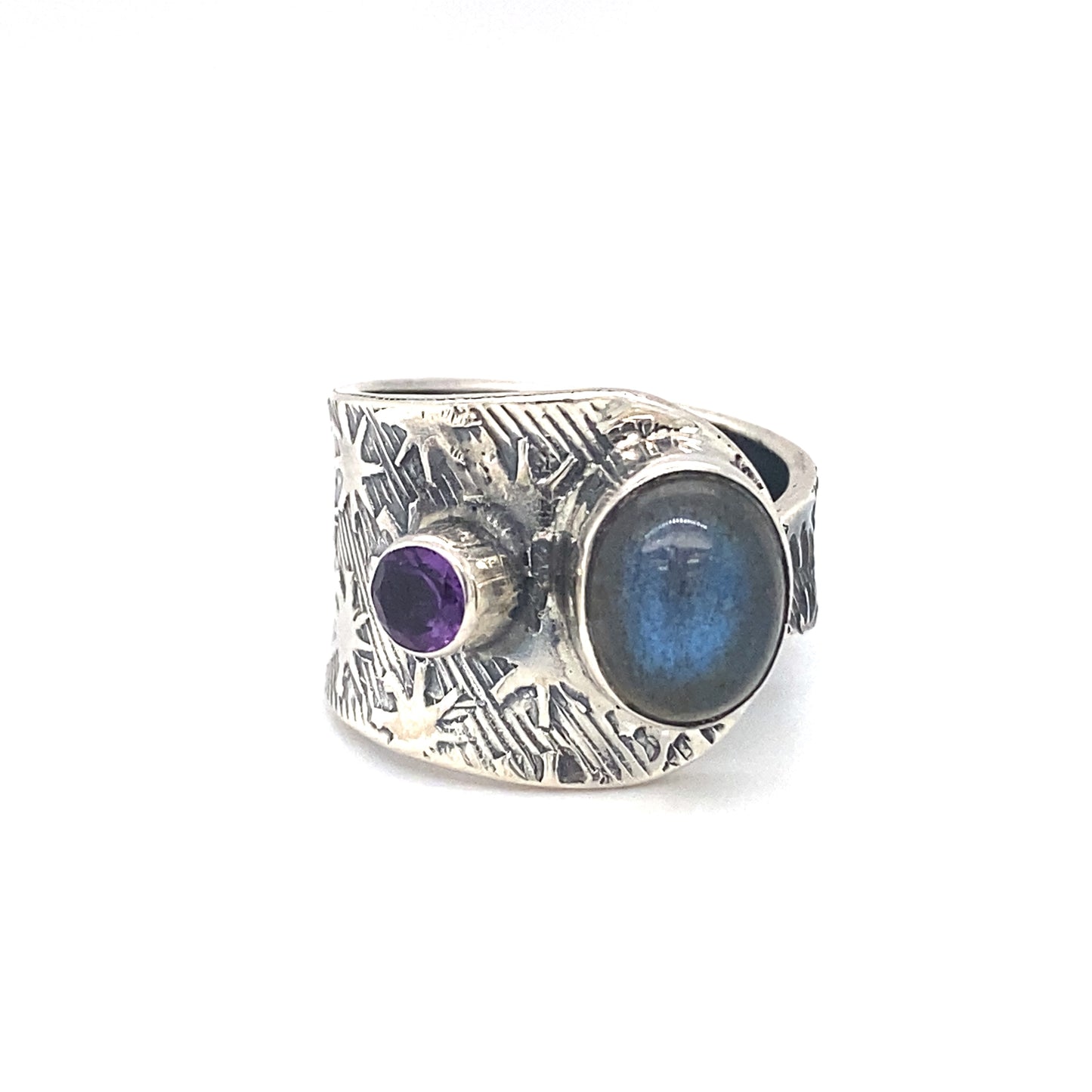 Circa 1990s Labradorite and Amethyst Adjustable Ring in Sterling Silver