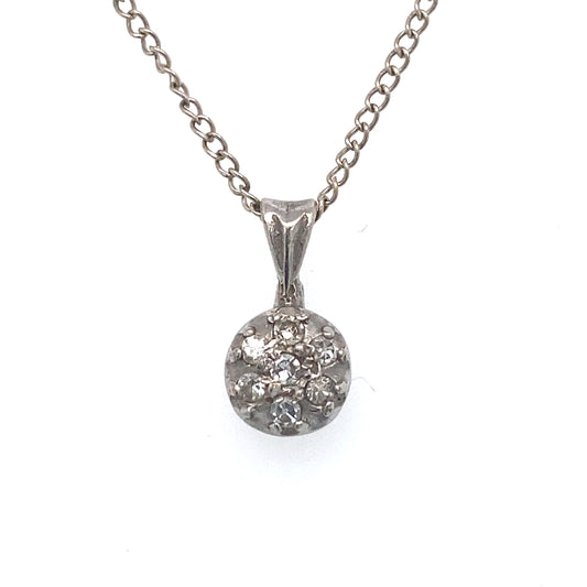 Circa 1930s Diamond Cluster Pendant and Chain in 14K White Gold