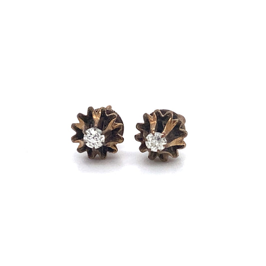 Circa 1903 Edwardian 9k Rose Gold & Diamond Tulip Cup Post Earrings, VJ #34