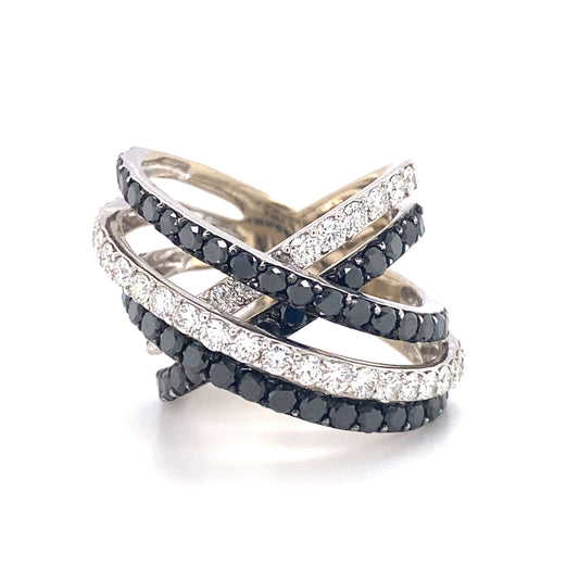 Circa 1990s Black Diamond Criss Cross Cocktail Ring in 14K White Gold