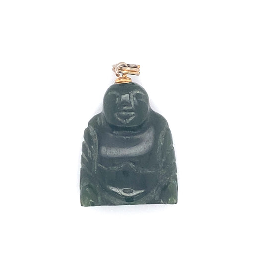 Circa 1940s Green Jade Buddha Pendant with Gold Tone Bail