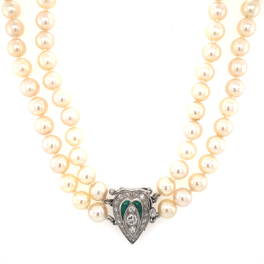 Circa 1940s Double Pearl Strand with Emerald and Diamond Heart Clasp