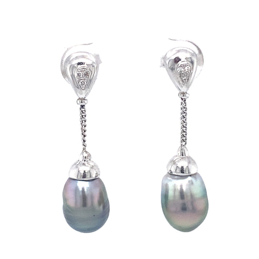 Circa 1980s Tahitian Pearl and Diamond Dangle Earrings in 18K White Gold