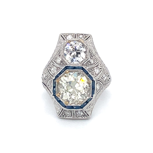 Circa 1920s Art Deco 2.50ct Diamond and Sapphire Cocktail Ring in Platinum