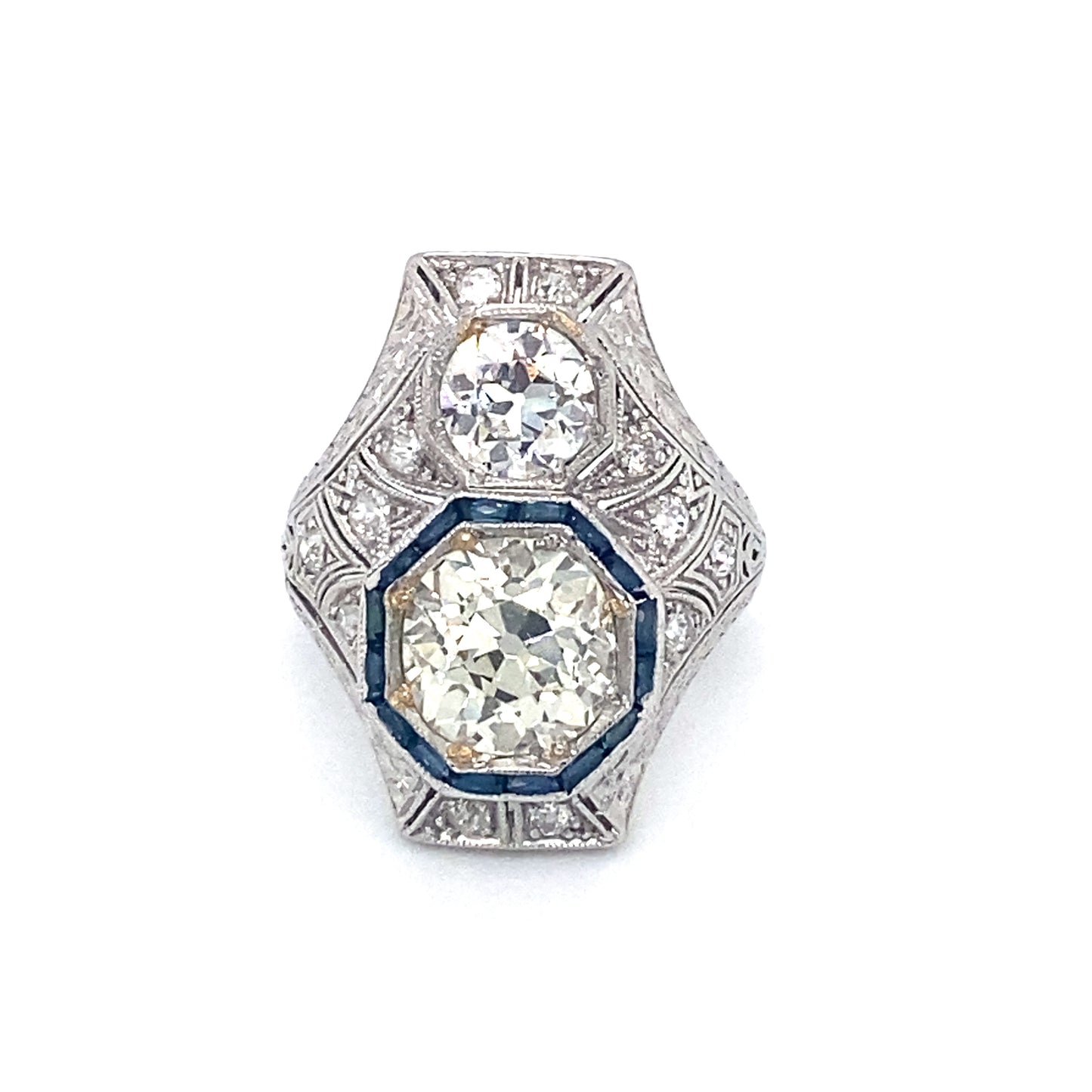 Circa 1920s Art Deco 2.50ct Diamond and Sapphire Cocktail Ring in Platinum