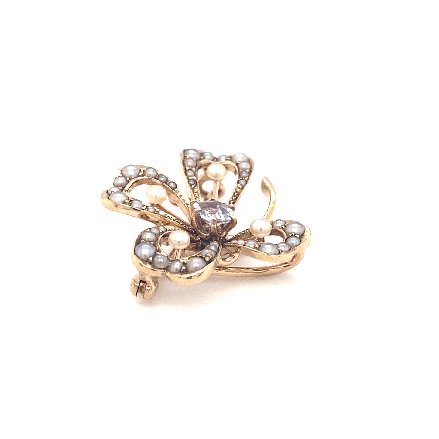 Circa 1890s Victorian Pearl and Ceylon Sapphire Clover Brooch in 14K Gold