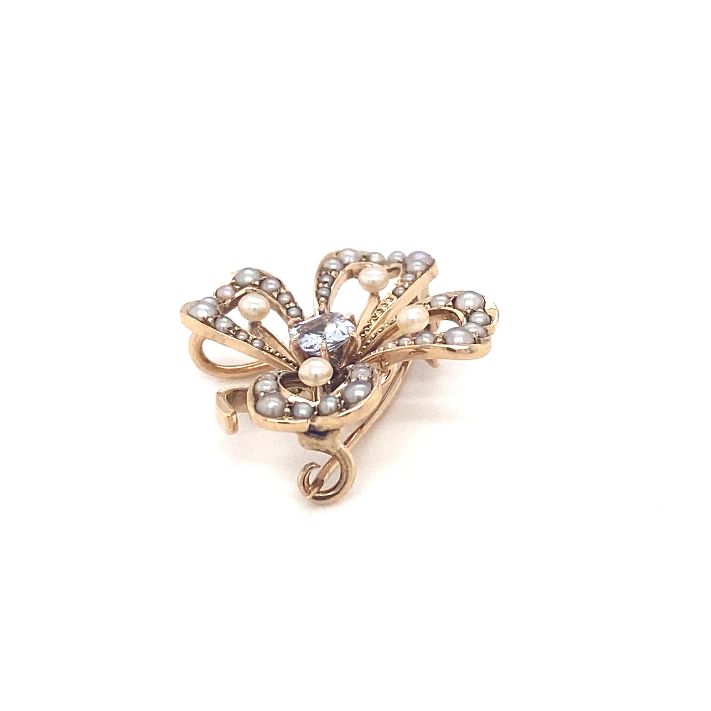 Circa 1890s Victorian Pearl and Ceylon Sapphire Clover Brooch in 14K Gold