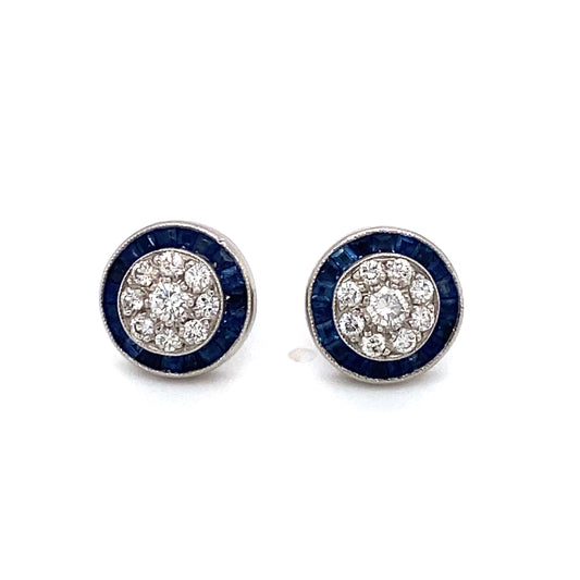 Circa 1940s Art Deco Sapphire and Diamond Screw Back Stud Earrings in Platinum