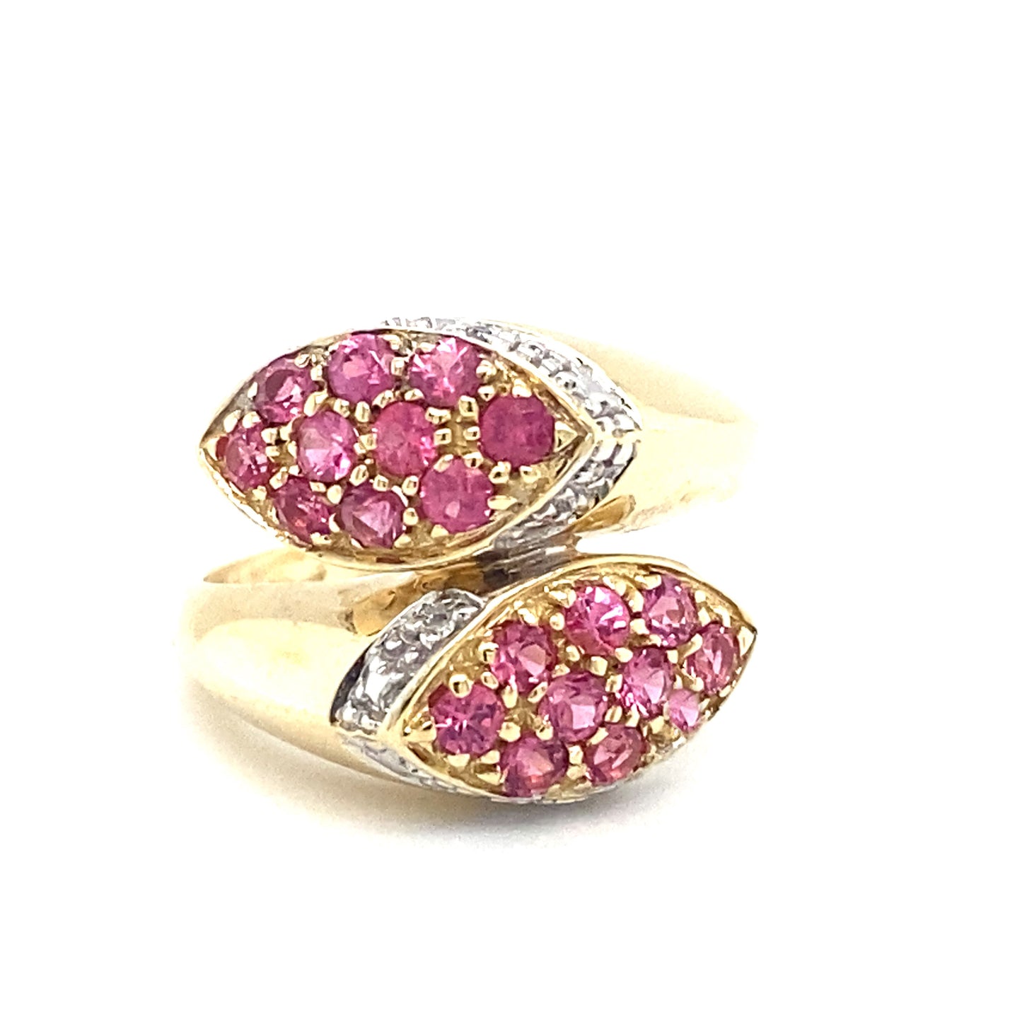 Circa 2000s Pink Sapphire and Diamond Bypass Ring in 14K Gold
