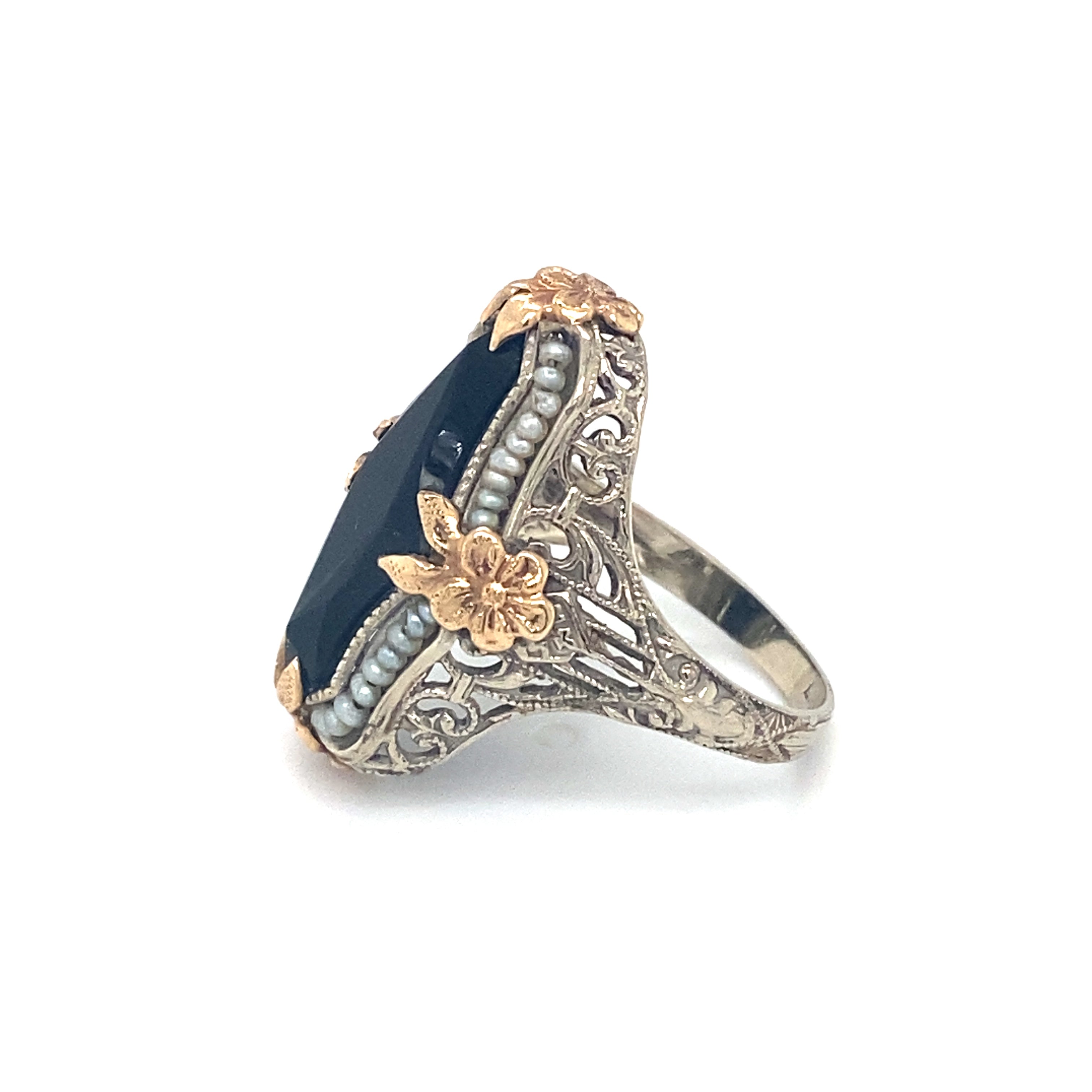 Circa 1920s Art Deco Onyx and Pearl Ring in Two Tone 14K Gold The Verma Group