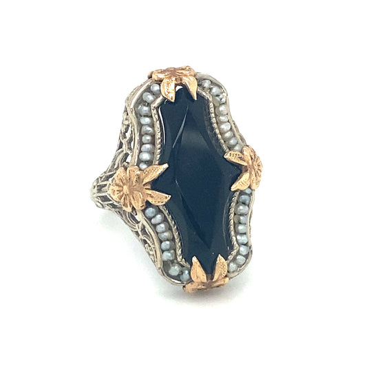 Circa 1920s Art Deco Onyx and Pearl Ring in Two Tone 14K Gold