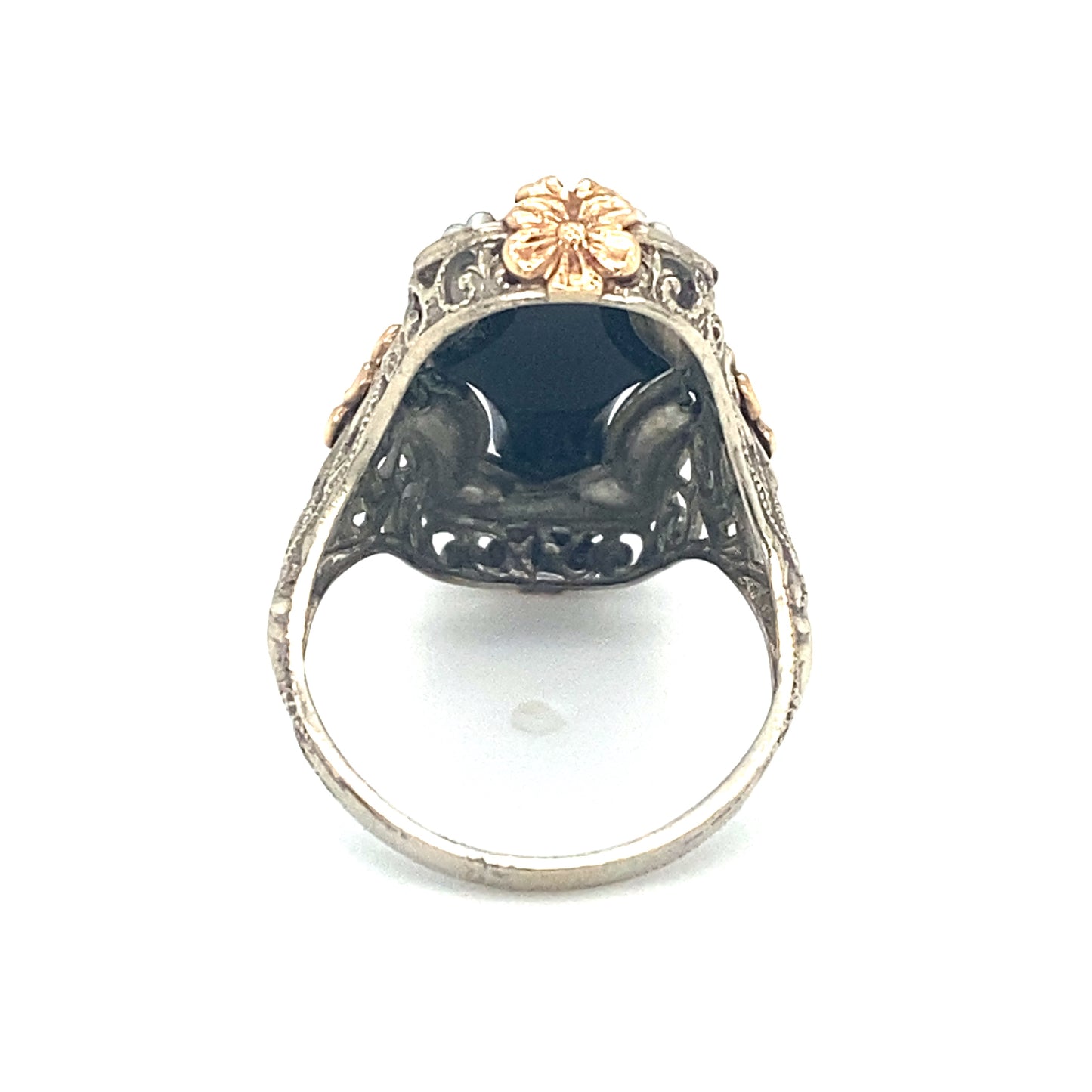 Circa 1920s Art Deco Onyx and Pearl Ring in Two Tone 14K Gold