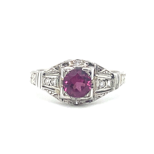 Circa 1920s Art Deco Amethyst and Diamond Ring in 18K White Gold