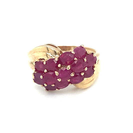 Circa 1960s Three Row Ruby Cocktail Ring in 10K Gold