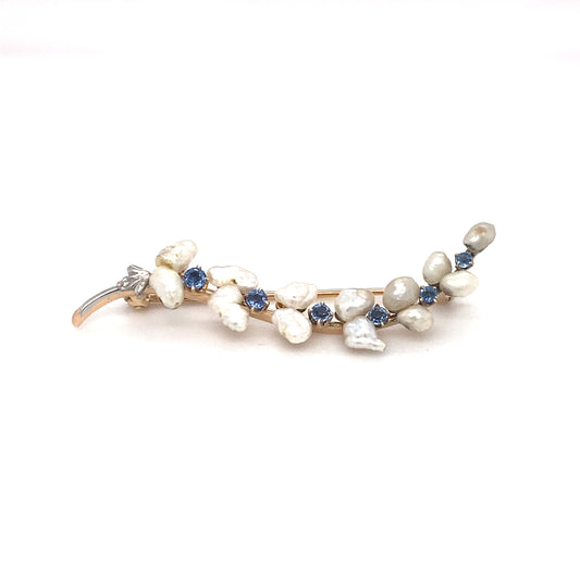Circa 1890s Victorian Natural Pearl and Sapphire Brooch in 14K Gold