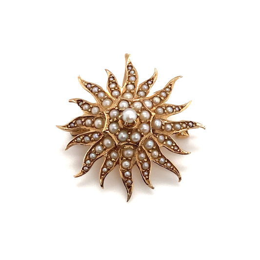 Circa 1890s Birks London Canada Sunburst Seed Pearl Brooch in 15K Gold