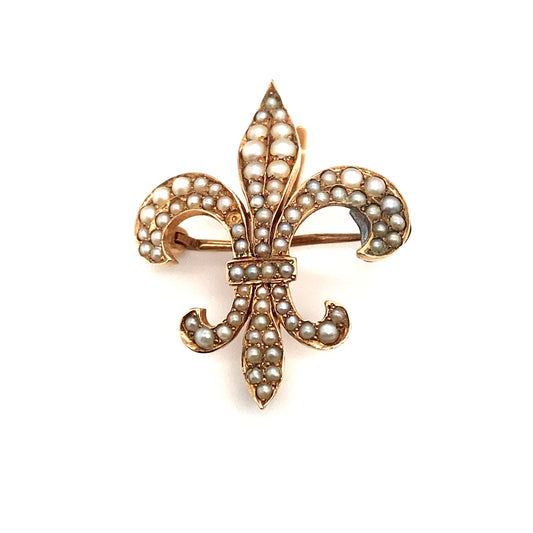 Circa 1890s French Fleur de Lis Seed Pearl Brooch in 14K Gold